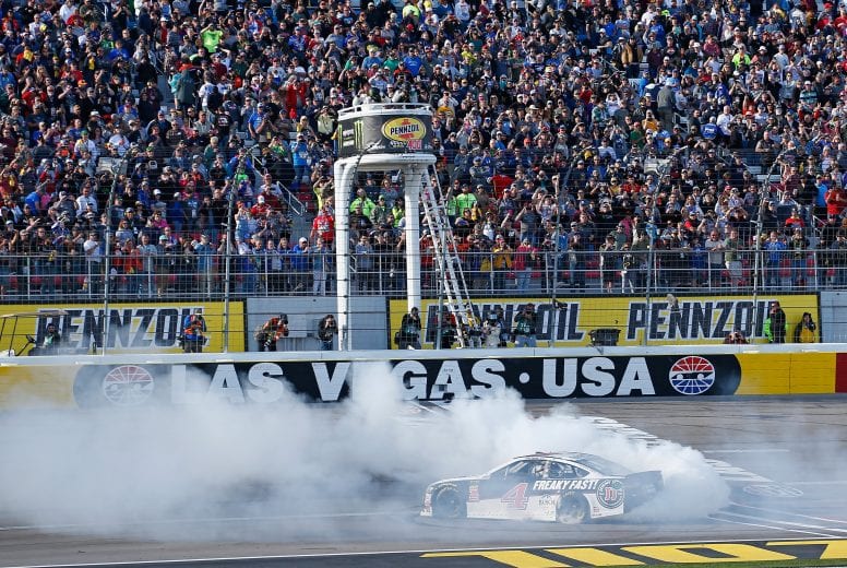 LAS VEGAS, NV - MARCH 04:  Kevin Harvick, driver of the #4 Jimmy John's Ford, celebrates with a burnout after winning the Monster Energy NASCAR Cup Series Pennzoil 400 presented by Jiffy Lube at Las Vegas Motor Speedway on March 4, 2018 in Las Vegas, Nevada.  (Photo by Matt Sullivan/Getty Images) | Getty Images