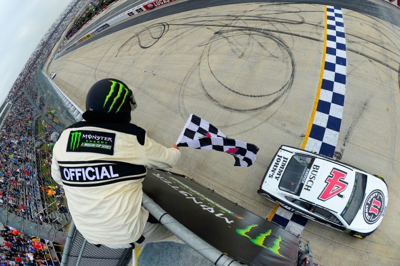DOVER, DE - MAY 06:  Kevin Harvick, driver of the #4 Jimmy John's Ford, takes the chekered flag to win the Monster Energy NASCAR Cup Series AAA 400 Drive for Autism at Dover International Speedway on May 6, 2018 in Dover, Delaware.  (Photo by Robert Laberge/Getty Images) | Getty Images