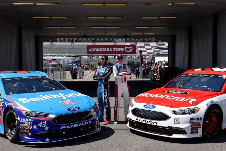 LONG POND, PA - JUNE 11: Darrell Wallace Jr., driver of the #43 Smithfield Ford, and Ryan Blaney, driver of the #21 Motorcraft/Quick Lane Tire & Auto Center Ford, pose for a photo opportunity prior to the Monster Energy NASCAR Cup Series Axalta presents the Pocono 400 at Pocono Raceway on June 11, 2017 in Long Pond, Pennsylvania. Wallace will make his Monster Energy NASCAR Cup Series debut today at Pocono Raceway. (Photo by Jared C. Tilton/Getty Images) | Getty Images