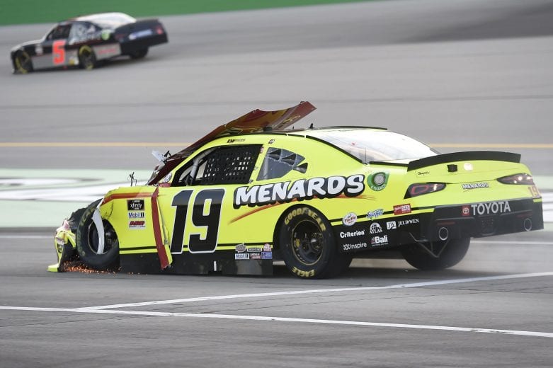 SPARTA, KENTUCKY - JULY 09: Brandon Jones, driver of the #19 Menards/Atlas Toyota, drives off track after an on-track incident on the first lap of the NASCAR Xfinity Series Shady Rays 200 at Kentucky Speedway on July 09, 2020 in Sparta, Kentucky. (Photo by Jared C. Tilton/Getty Images) | Getty Images
