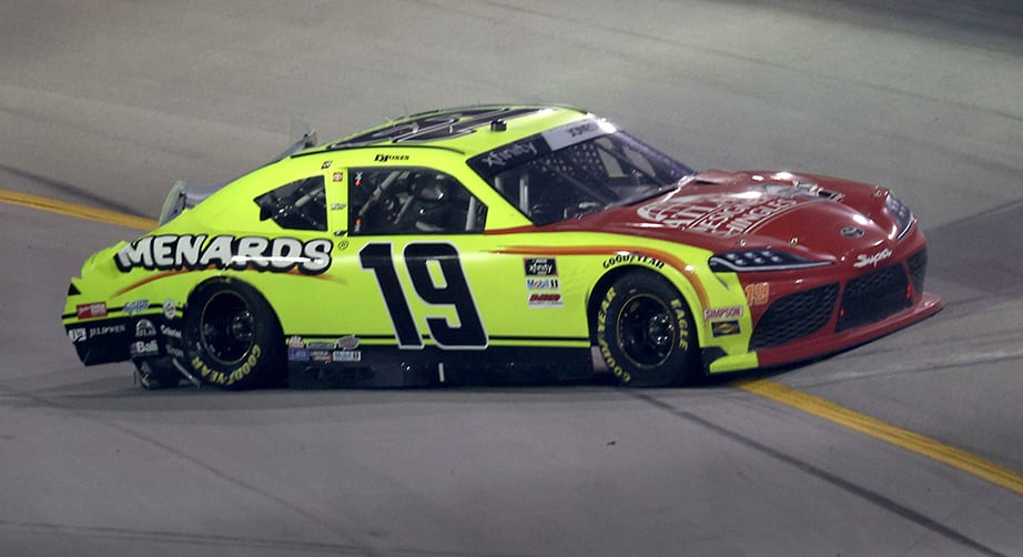 SPARTA, KENTUCKY - JULY 10: Brandon Jones, driver of the #19 Menards/Atlas Toyota, spins after and on-track incident during the NASCAR Xfinity Series Alsco 300 at Kentucky Speedway on July 10, 2020 in Sparta, Kentucky. (Photo by Rob Carr/Getty Images) | Getty Images