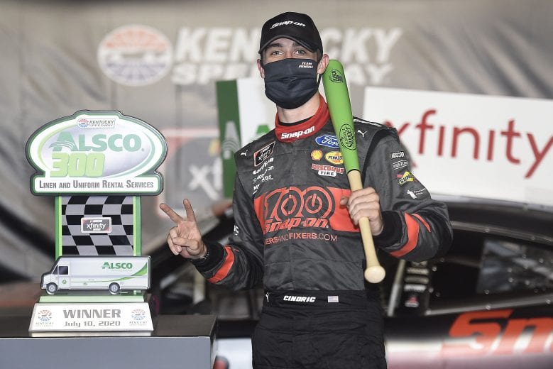 SPARTA, KENTUCKY - JULY 10: Austin Cindric, driver of the #22 Snap-On Ford, celebrates in Victory Lane after winning the NASCAR Xfinity Series Alsco 300 at Kentucky Speedway on July 10, 2020 in Sparta, Kentucky. (Photo by Jared C. Tilton/Getty Images) | Getty Images