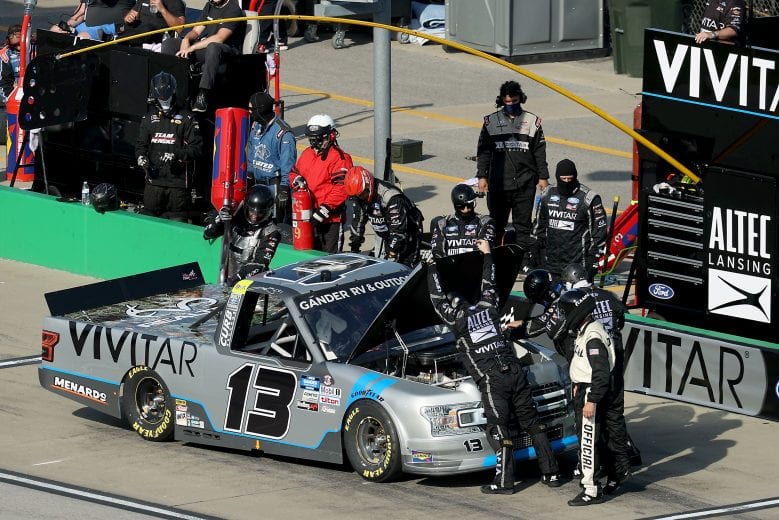 SPARTA, KENTUCKY - JULY 11: Johnny Sauter, driver of the #13 Vivitar Ford, pits during the NASCAR Gander RV & Outdoors Truck Series Buckle Up In Your Truck 225 at Kentucky Speedway on July 11, 2020 in Sparta, Kentucky. (Photo by Rob Carr/Getty Images) | Getty Images