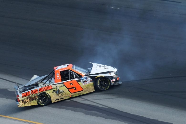 SPARTA, KENTUCKY - JULY 11: Codie Rohrbaugh, driver of the #9 Grant County Mulch Chevrolet, spins after an on-track incident during the NASCAR Gander RV & Outdoors Truck Series Buckle Up In Your Truck 225 at Kentucky Speedway on July 11, 2020 in Sparta, Kentucky. (Photo by Rob Carr/Getty Images) | Getty Images