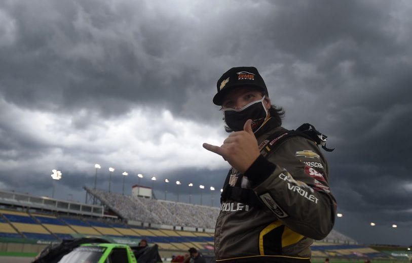 SPARTA, KENTUCKY - JULY 11: Sheldon Creed, driver of the #2 Chevy Accessories Chevrolet, exits his truck after a weather delay in the NASCAR Gander RV & Outdoors Truck Series Buckle Up In Your Truck 225 at Kentucky Speedway on July 11, 2020 in Sparta, Kentucky. (Photo by Jared C. Tilton/Getty Images) | Getty Images