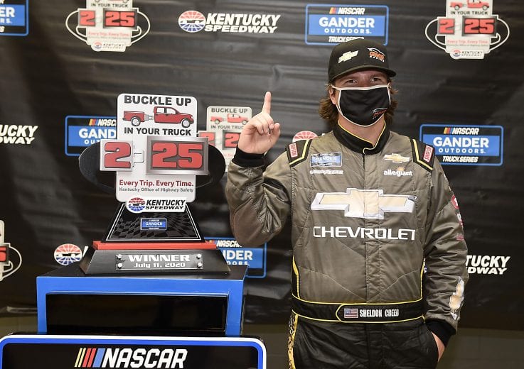 SPARTA, KENTUCKY - JULY 11: Sheldon Creed, driver of the #2 Chevy Accessories Chevrolet, celebrates in Victory Lane after winning the weathered delayed NASCAR Gander RV & Outdoors Truck Series Buckle Up In Your Truck 225 at Kentucky Speedway on July 11, 2020 in Sparta, Kentucky. (Photo by Jared C. Tilton/Getty Images) | Getty Images