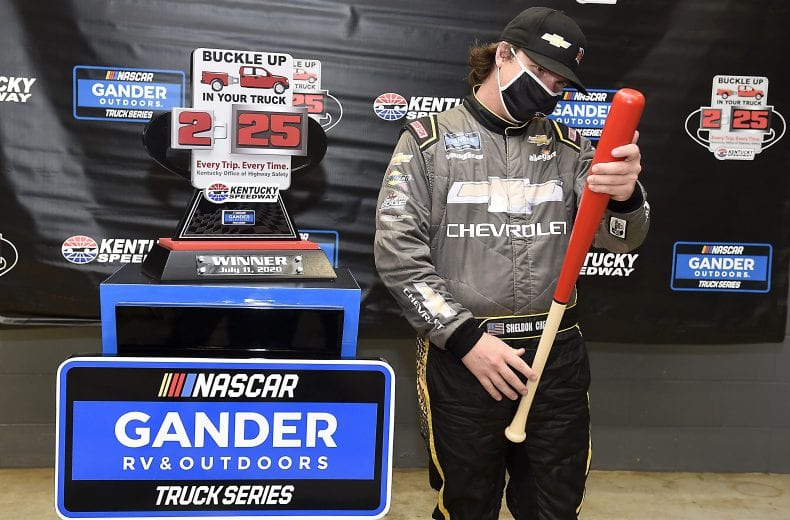 SPARTA, KENTUCKY - JULY 11: Sheldon Creed, driver of the #2 Chevy Accessories Chevrolet, celebrates in Victory Lane after winning the weathered delayed NASCAR Gander RV & Outdoors Truck Series Buckle Up In Your Truck 225 at Kentucky Speedway on July 11, 2020 in Sparta, Kentucky. (Photo by Jared C. Tilton/Getty Images) | Getty Images