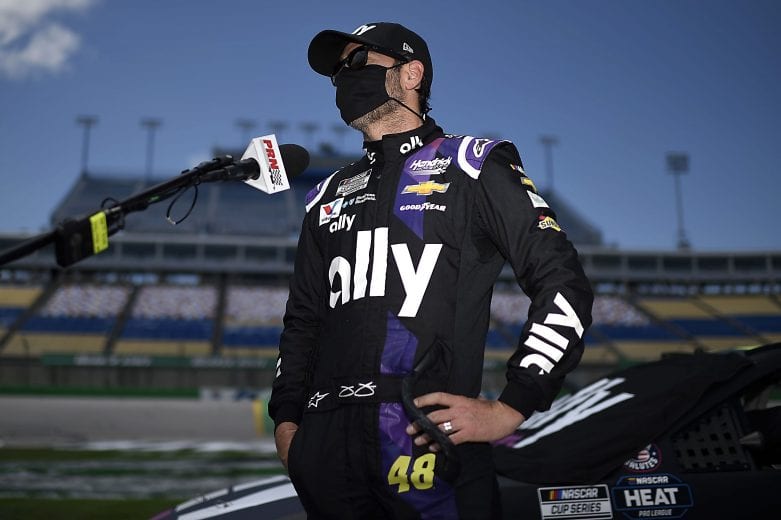 SPARTA, KENTUCKY - JULY 12: Jimmie Johnson, driver of the #48 Ally Chevrolet, speaks to the media prior to the NASCAR Cup Series Quaker State 400 Presented by Walmart at Kentucky Speedway on July 12, 2020 in Sparta, Kentucky. (Photo by Jared C. Tilton/Getty Images) | Getty Images