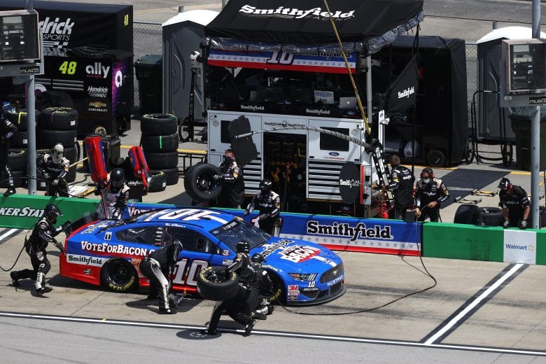 SPARTA, KENTUCKY - JULY 12: Aric Almirola, driver of the #10 Smithfield Vote For Bacon Ford, pits during the NASCAR Cup Series Quaker State 400 Presented by Walmart at Kentucky Speedway on July 12, 2020 in Sparta, Kentucky. (Photo by Rob Carr/Getty Images) | Getty Images
