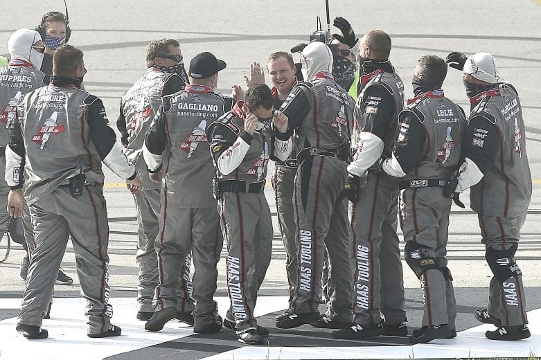 SPARTA, KENTUCKY - JULY 12: Cole Custer, driver of the #41 HaasTooling.com Ford, and crew celebrate after winning the NASCAR Cup Series Quaker State 400 Presented by Walmart at Kentucky Speedway on July 12, 2020 in Sparta, Kentucky. (Photo by Jared C. Tilton/Getty Images) | Getty Images