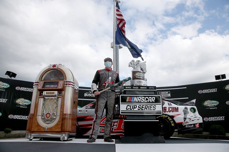 SPARTA, KENTUCKY - JULY 12: Cole Custer, driver of the #41 HaasTooling.com Ford, celebrates in Victory Lane after winning the NASCAR Cup Series Quaker State 400 Presented by Walmart at Kentucky Speedway on July 12, 2020 in Sparta, Kentucky. (Photo by Jared C. Tilton/Getty Images) | Getty Images