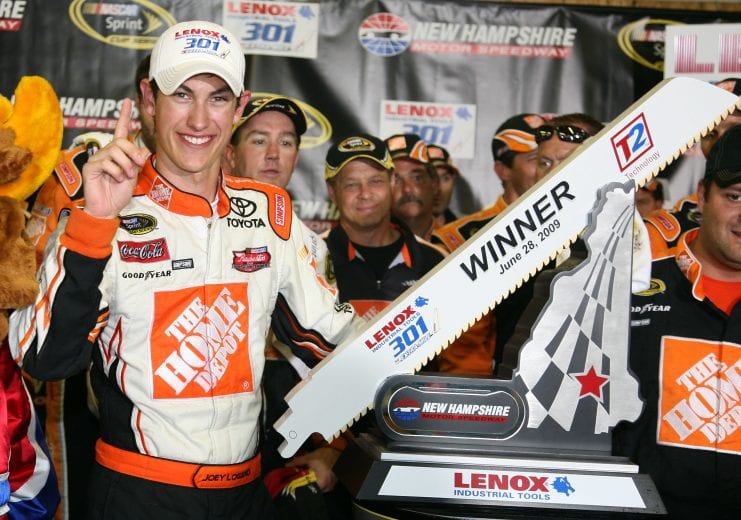 LOUDON, NH - JUNE 28: Joey Logano, driver of the #20 Home Depot Toyota, celebrates winning the NASCAR Sprint Cup Series LENOX Industrial Tools 301 at New Hampshire Motor Speedway on June 28, 2009 in Loudon, New Hampshire. Logano won the rain shortened race with 27 laps remaining. (Photo by Jerry Markland/Getty Images for NASCAR) | Getty Images
