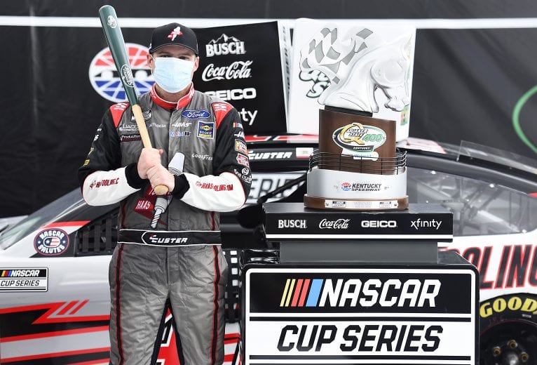 SPARTA, KENTUCKY - JULY 12: Cole Custer, driver of the #41 HaasTooling.com Ford, celebrates in Victory Lane after winning the NASCAR Cup Series Quaker State 400 Presented by Walmart at Kentucky Speedway on July 12, 2020 in Sparta, Kentucky. (Photo by Jared C. Tilton/Getty Images) | Getty Images