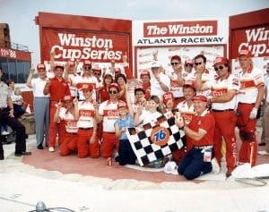HAMPTON, GA - MAY 11, 1986: Bill Elliott's 'home track', Atlanta International Raceway, hosted The Winston in 1986, the only time that special event was not held at Charlotte Motor Speedway. Elliott's Coors-Melling Ford Thunderbird won $240,000 by finishing nearly three seconds ahead of Dale Earnhardt. (Photo by ISC Archives/CQ-Roll Call Group via Getty Images)