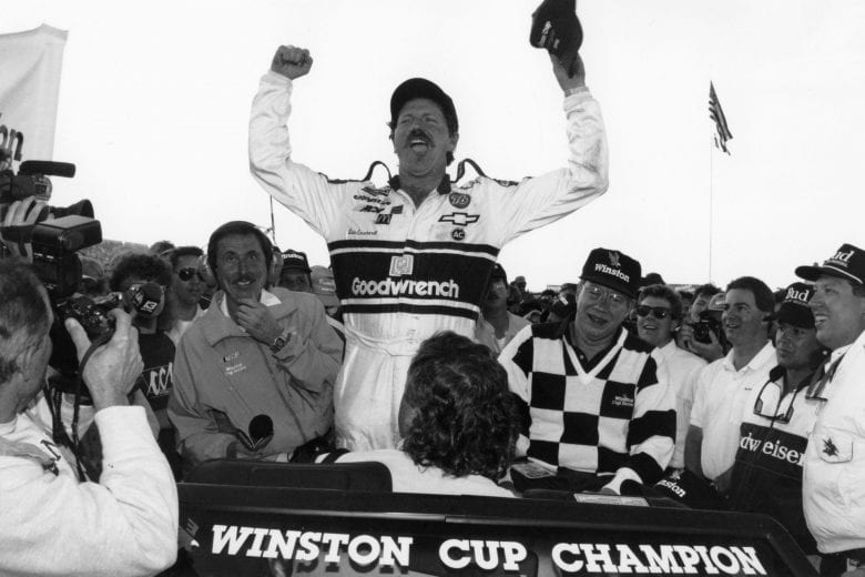HAMPTON, GA — November 18, 1990:  Although he finished third in the Atlanta Journal 500 NASCAR Cup race at the Atlanta Motor Speedway, Dale Earnhardt had plenty of reason to celebrate, as he was officially crowned NASCAR Cup champion, the fourth Cup title of his career.  (Photo by ISC Images & Archives via Getty Images)