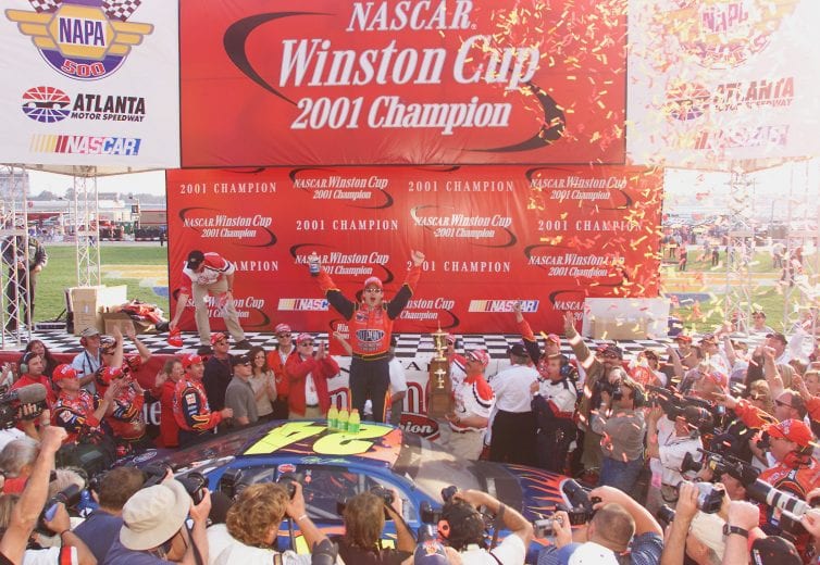 18 Nov 2001:  Jeff Gordon celebrates winning the championship at the NASCAR Winston Cup NAPA 500 at the Atlanta Motor Speedway in Hampton, Georgia. Digital Image. Mandatory Credit: Jamie Squire/ALLSPORT