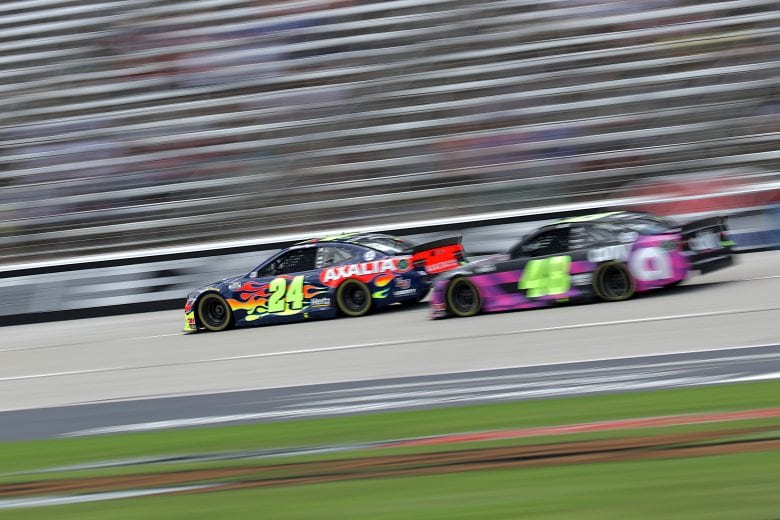 FORT WORTH, TEXAS - JULY 19: William Byron, driver of the #24 Axalta Chevrolet, leads Jimmie Johnson, driver of the #48 Ally Chevrolet, during the NASCAR Cup Series O'Reilly Auto Parts 500 at Texas Motor Speedway on July 19, 2020 in Fort Worth, Texas. (Photo by Chris Graythen/Getty Images) | Getty Images