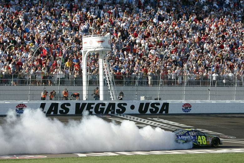 LAS VEGAS - MARCH 11:  Jimmie Johnson, driver of the #48 Lowe's Chevrolet, performs a burnout on the track, following the NASCAR Nextel Cup Series UAW-DaimlerChrysler 400 at Las Vegas Motor Speedway on March 11, 2007 in Las Vegas, Nevada.  (Photo by Harry How/Getty Images) | Getty Images