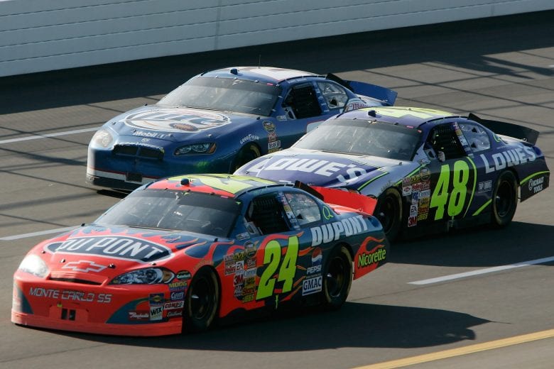 TALLADEGA, AL - APRIL 29:  Jeff Gordon, driver of the #24 DuPont Chevrolet, leads Jimmie Johnson, driver of  the #48 Lowe's Chevrolet, and Kurt Busch, driver of the #2 Miller Lite Dodge, during the NASCAR Nextel Cup Series Aaron's 499 at Talladega Superspeedway on April 29, 2007 in Talladega, Alabama.  (Photo by Jason Smith/Getty Images for NASCAR) | Getty Images