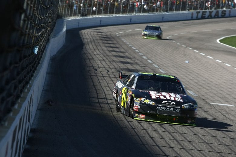 FORT WORTH, TX - APRIL 05:  Jeff Gordon, driver of the #24 DuPont Chevrolet, leads Jimmie Johnson, driver of the #48 Kobalt Tools Chevrolet, during the NASCAR Sprint Cup Series Samsung 500 at Texas Motor Speedway on April 5, 2009 in Fort Worth, Texas.  (Photo by Jonathan Ferrey/Getty Images) | Getty Images