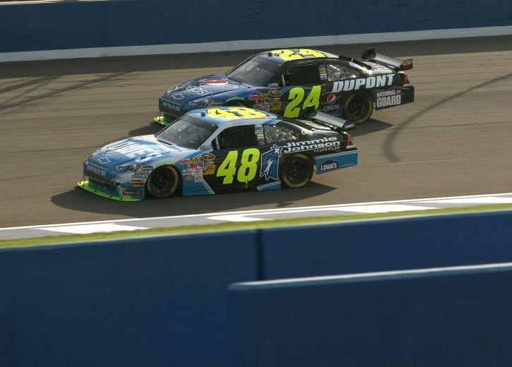 FONTANA, CA - OCTOBER 11:  Jimmie Johnson, driver of the #48 Lowe's/Jimmie Johnson Foundation Chevrolet, leads Jeff Gordon driver of the #24 DuPont/Pepsi Chevrolet, during the NASCAR Sprint Cup Series Pepsi 500 at Auto Club Speedway on October 11, 2009 in Fontana, California.  (Photo by Stephen Dunn/Getty Images for NASCAR) | Getty Images