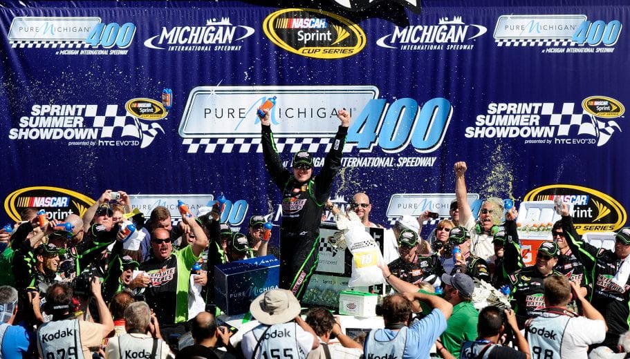 BROOKLYN, MI - AUGUST 21:  Kyle Busch, driver of the #18 Interstate Batteries Toyota, celebrates in Victory Lane after winning the NASCAR Sprint Cup Series Pure Michigan 400 at Michigan International Speedway on August 21, 2011 in Brooklyn, Michigan.  (Photo by Jared C. Tilton/Getty Images for NASCAR) | Getty Images