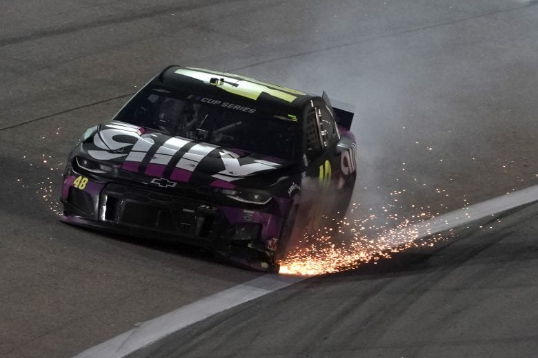 KANSAS CITY, KANSAS - JULY 23: Jimmie Johnson, driver of the #48 Ally Chevrolet, drives with sparks after an incident during the NASCAR Cup Series Super Start Batteries 400 Presented by O'Reilly Auto Parts at Kansas Speedway on July 23, 2020 in Kansas City, Kansas. (Photo by Kyle Rivas/Getty Images) | Getty Images