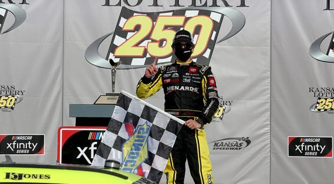 Featured image for Brandon Jones wins Xfinity Series race at Kansas with last-lap pass in overtime finish