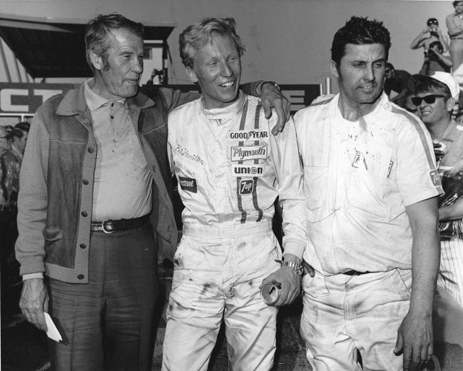 DAYTONA BEACH, FL — February 22, 1970: Petty Enterprises patriarch Lee Petty (L), team driver Pete Hamilton (C) and engine builder Maurice Petty (R) celebrate in victory lane after Hamilton won the Daytona 500 NASCAR Cup race at Daytona International Speedway. (Photo by ISC Images & Archives via Getty Images)