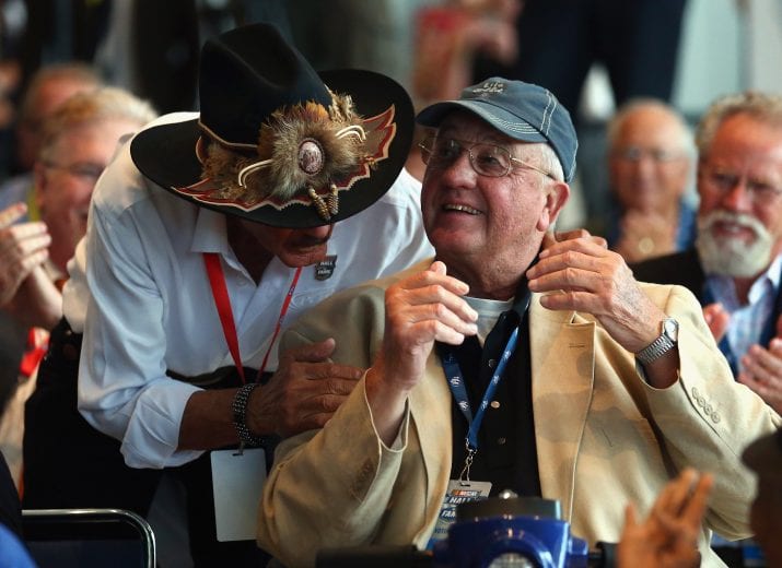 CHARLOTTE, NC - MAY 22: (L-R) Richard Petty congratulates Maurice Petty after being nominated to the NASCAR Hall of Fame at the NASCAR Hall of Fame on May 22, 2013 in Charlotte, North Carolina. (Photo by Streeter Lecka/NASCAR via Getty Images)