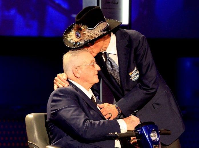 CHARLOTTE, NC - JANUARY 29: NASCAR legend Richard Petty embraces brother Maurice Petty on his induction at NASCAR Hall of Fame on January 29, 2014 in Charlotte, North Carolina. (Photo by Gregg Forwerck/Getty Images) | Getty Images