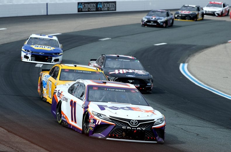 LOUDON, NEW HAMPSHIRE - AUGUST 02: Denny Hamlin, driver of the #11 FedEx Express Toyota, leads the field to start the NASCAR Cup Series Foxwoods Resort Casino 301 at New Hampshire Motor Speedway on August 02, 2020 in Loudon, New Hampshire. (Photo by Maddie Meyer/Getty Images) | Getty Images