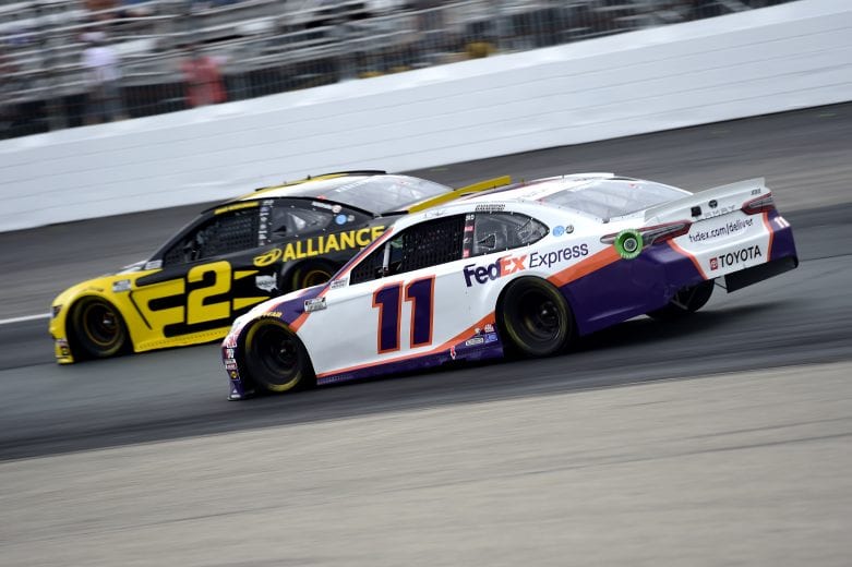 LOUDON, NEW HAMPSHIRE - AUGUST 02: Denny Hamlin, driver of the #11 FedEx Express Toyota, races Brad Keselowski, driver of the #2 Western Star/Alliance Parts Ford, during the NASCAR Cup Series Foxwoods Resort Casino 301 at New Hampshire Motor Speedway on August 02, 2020 in Loudon, New Hampshire. (Photo by Jared C. Tilton/Getty Images) | Getty Images