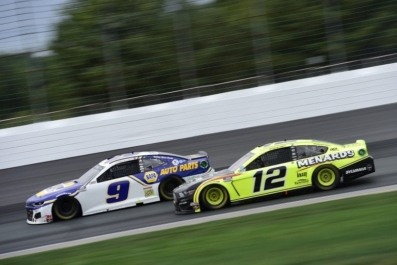 LOUDON, NEW HAMPSHIRE - AUGUST 02: Chase Elliott, driver of the #9 NAPA Auto Parts Chevrolet, races Ryan Blaney, driver of the #12 Menards/Sylvania Ford,  during the NASCAR Cup Series Foxwoods Resort Casino 301 at New Hampshire Motor Speedway on August 02, 2020 in Loudon, New Hampshire. (Photo by Jared C. Tilton/Getty Images) | Getty Images
