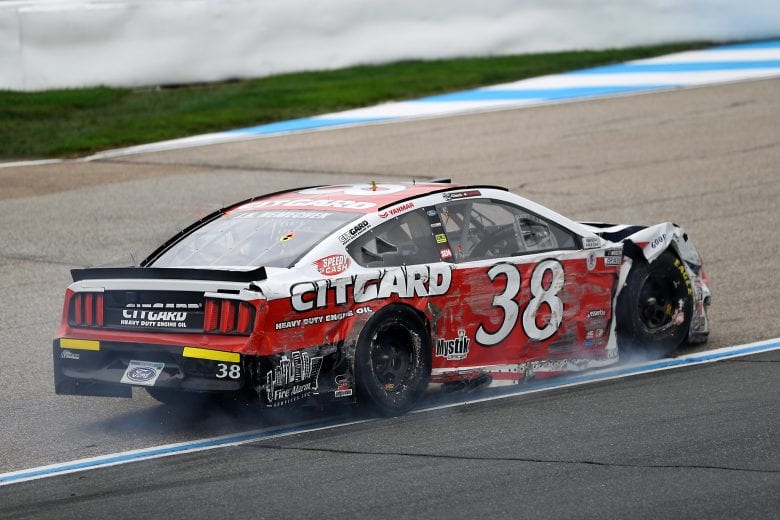 LOUDON, NEW HAMPSHIRE - AUGUST 02: John H. Nemechek, driver of the #38 Citgard Ford, drives after an on-track incident during the NASCAR Cup Series Foxwoods Resort Casino 301 at New Hampshire Motor Speedway on August 02, 2020 in Loudon, New Hampshire. (Photo by Maddie Meyer/Getty Images) | Getty Images