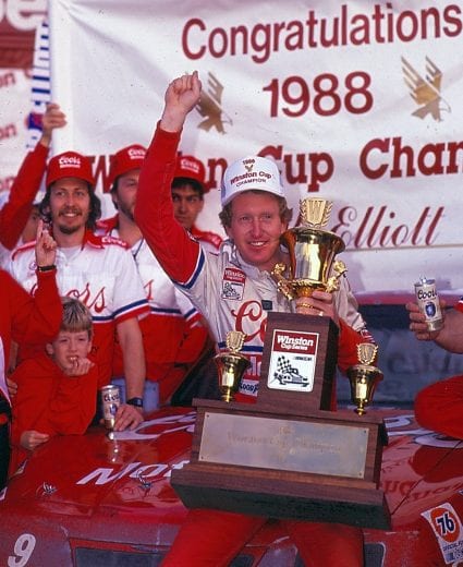 LONG POND, PA - JULY 24: Bill Elliott #9 celebrates in victory lane and takes home $53,200 for the win on July 24, 1988. (Photo by Racing Photo Archives/Getty Images)