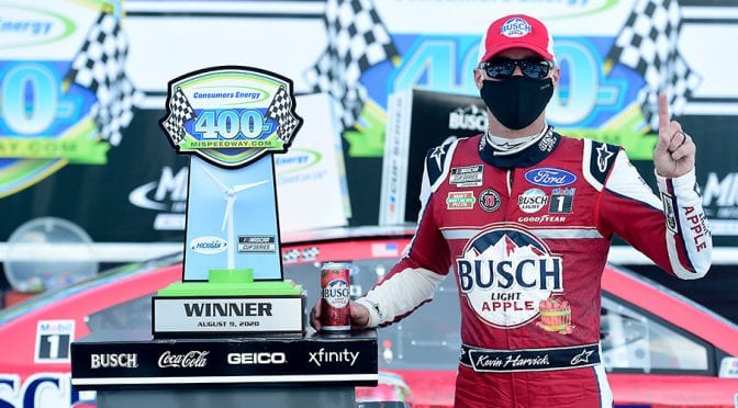 Featured image for Kevin Harvick holds off Hamlin, caps Michigan weekend sweep