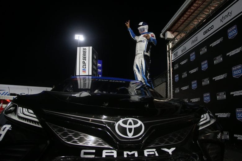 MARTINSVILLE, VIRGINIA - JUNE 10: Martin Truex Jr., driver of the #19 SiriusXM Toyota, celebrates in Victory Lane after winning the NASCAR Cup Series Blue-Emu Maximum Pain Relief 500 at Martinsville Speedway on June 10, 2020 in Martinsville, Virginia. (Photo by Jared C. Tilton/Getty Images) | Getty Images