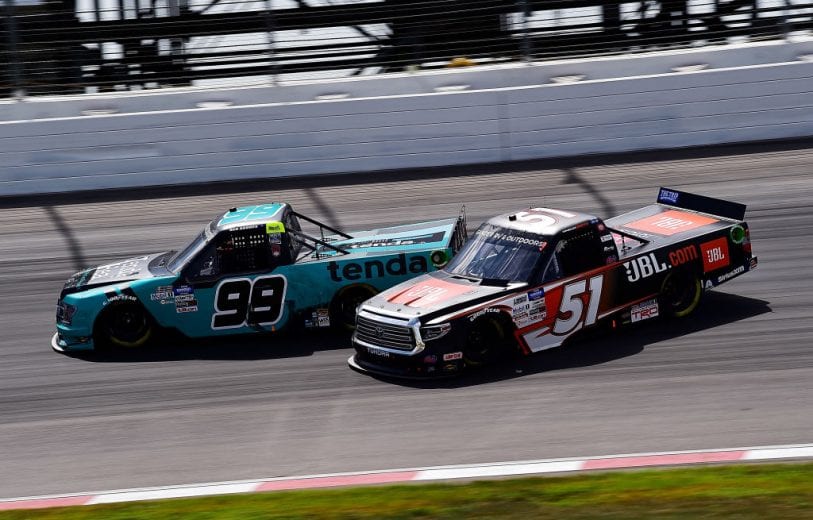 MADISON, IL - AUGUST 30: Chandler Smith, driver of the JBL Toyota, spins out after making contact with Ben Rhodes, driver of the Tenda Ford during the CarShield 200 presented by CK Power for the Gander Outdoors Truck Series at World Wide Technology Raceway on August 30, 2020 in Madison, Illinois. (Photo by Jeff Curry/Getty Images) | Getty Images