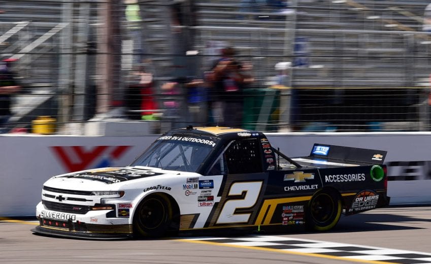 MADISON, IL - AUGUST 30: Sheldon Creed, driver of the #2 Chevy Accessories Chevrolet, takes the checkered flag to win the CarShield 200 presented by CK Power for the Gander Outdoors Truck Series at World Wide Technology Raceway on August 30, 2020 in Madison, Illinois. (Photo by Jeff Curry/Getty Images) | Getty Images