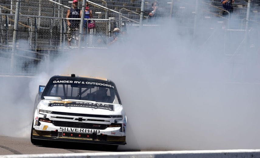 MADISON, IL - AUGUST 30: Sheldon Creed, driver of the #2 Chevy Accessories Chevrolet, performs a burnout after winning the CarShield 200 presented by CK Power for the Gander Outdoors Truck Series at World Wide Technology Raceway on August 30, 2020 in Madison, Illinois. (Photo by Jeff Curry/Getty Images) | Getty Images