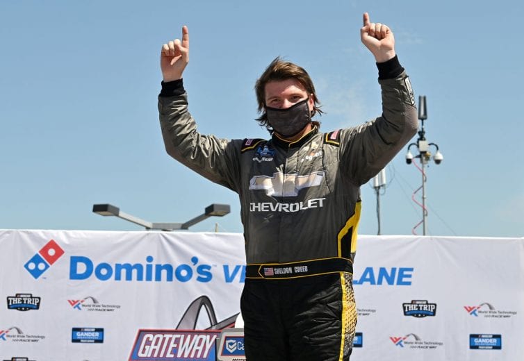 MADISON, IL - AUGUST 30: Sheldon Creed, driver of the #2 Chevy Accessories Chevrolet, celebrates in Victory Lane after winning the CarShield 200 presented by CK Power for the Gander Outdoors Truck Series at World Wide Technology Raceway on August 30, 2020 in Madison, Illinois. (Photo by Jeff Curry/Getty Images) | Getty Images
