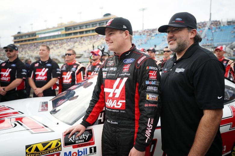 HOMESTEAD, FL - NOVEMBER 17: Cole Custer, driver of the #00 Haas Automation Ford, stands with team owner Tony Stewart during pre-race ceremonies for the NASCAR Xfinity Series Ford EcoBoost 300 at Homestead-Miami Speedway on November 17, 2018 in Homestead, Florida. (Photo by Chris Graythen/Getty Images) | Getty Images