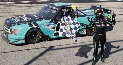 DARLINGTON, SOUTH CAROLINA - SEPTEMBER 06: Ben Rhodes, driver of the #99 Tenda Ford, celebrates after wining the NASCAR Gander Outdoors Truck Series  South Carolina Education Lottery 200 at Darlington Raceway on September 06, 2020 in Darlington, South Carolina. (Photo by Chris Keane/Getty Images) | Getty Images