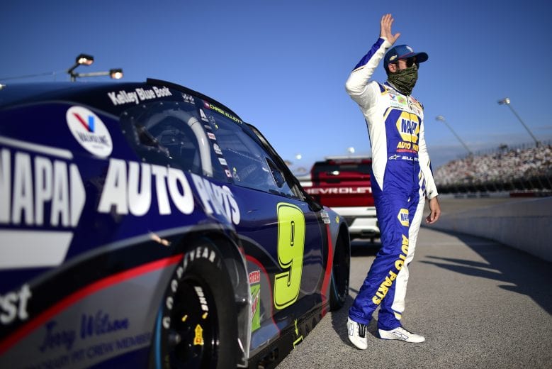 DARLINGTON, SOUTH CAROLINA - SEPTEMBER 06: Chase Elliott, driver of the #9 NAPA Auto Parts Throwback Chevrolet, waves to fans on the grid prior to the NASCAR Cup Series Cook Out Southern 500 at Darlington Raceway on September 06, 2020 in Darlington, South Carolina. (Photo by Jared C. Tilton/Getty Images) | Getty Images