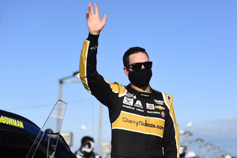 DARLINGTON, SOUTH CAROLINA - SEPTEMBER 06: Alex Bowman, driver of the #88 ChevyGoods.com/Truck Hero Chevrolet, waves to fans from the grid prior to the NASCAR Cup Series Cook Out Southern 500 at Darlington Raceway on September 06, 2020 in Darlington, South Carolina. (Photo by Jared C. Tilton/Getty Images) | Getty Images