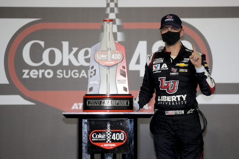 DAYTONA BEACH, FLORIDA - AUGUST 29: William Byron, driver of the #24 Liberty University Chevrolet, celebrates in Victory Lane after winning the NASCAR Cup Series Coke Zero Sugar 400 at Daytona International Speedway on August 29, 2020 in Daytona Beach, Florida. (Photo by Chris Graythen/Getty Images) | Getty Images