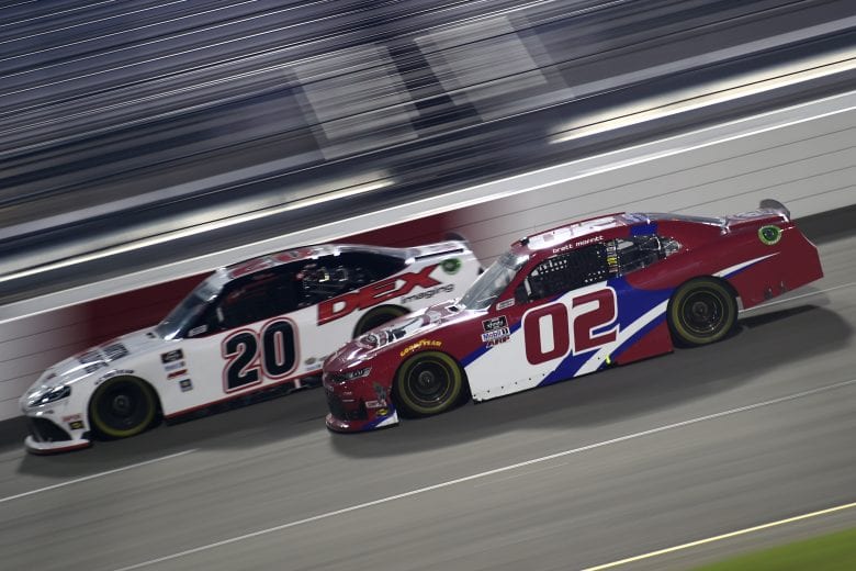 RICHMOND, VIRGINIA - SEPTEMBER 11: Brett Moffitt, driver of the #02 Knockaround Chevrolet, and Harrison Burton, driver of the #20 DEX Imaging Toyota, race during the NASCAR Xfinity Series Go Bowling 250 at Richmond Raceway on September 11, 2020 in Richmond, Virginia. (Photo by Jared C. Tilton/Getty Images) | Getty Images