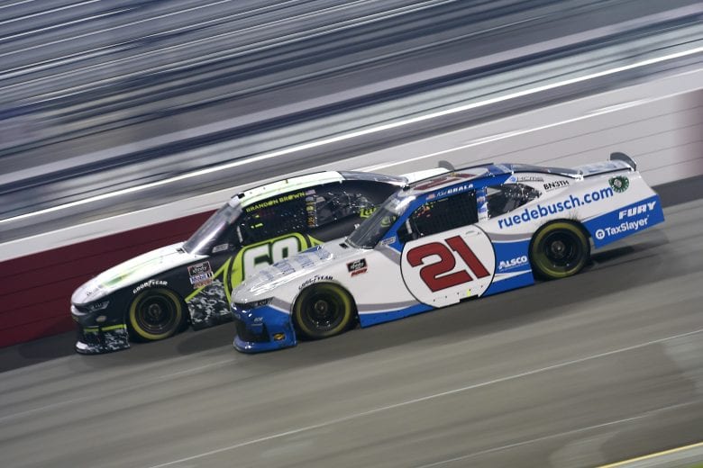 RICHMOND, VIRGINIA - SEPTEMBER 11: Anthony Alfredo, driver of the #21 Blue Otter Polarized Chevrolet, and Brandon Brown, driver of the #68 Costal Carolina University Chevrolet, race during the NASCAR Xfinity Series Go Bowling 250 at Richmond Raceway on September 11, 2020 in Richmond, Virginia. (Photo by Jared C. Tilton/Getty Images) | Getty Images