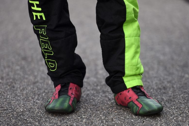 RICHMOND, VIRGINIA - SEPTEMBER 11: A detail of the shoes worn by Ross Chastain, driver of the #10 Nutrien Ag Solutions Chevrolet, in the grid prior to  the NASCAR Xfinity Series Go Bowling 250 at Richmond Raceway on September 11, 2020 in Richmond, Virginia. (Photo by Jared C. Tilton/Getty Images) | Getty Images